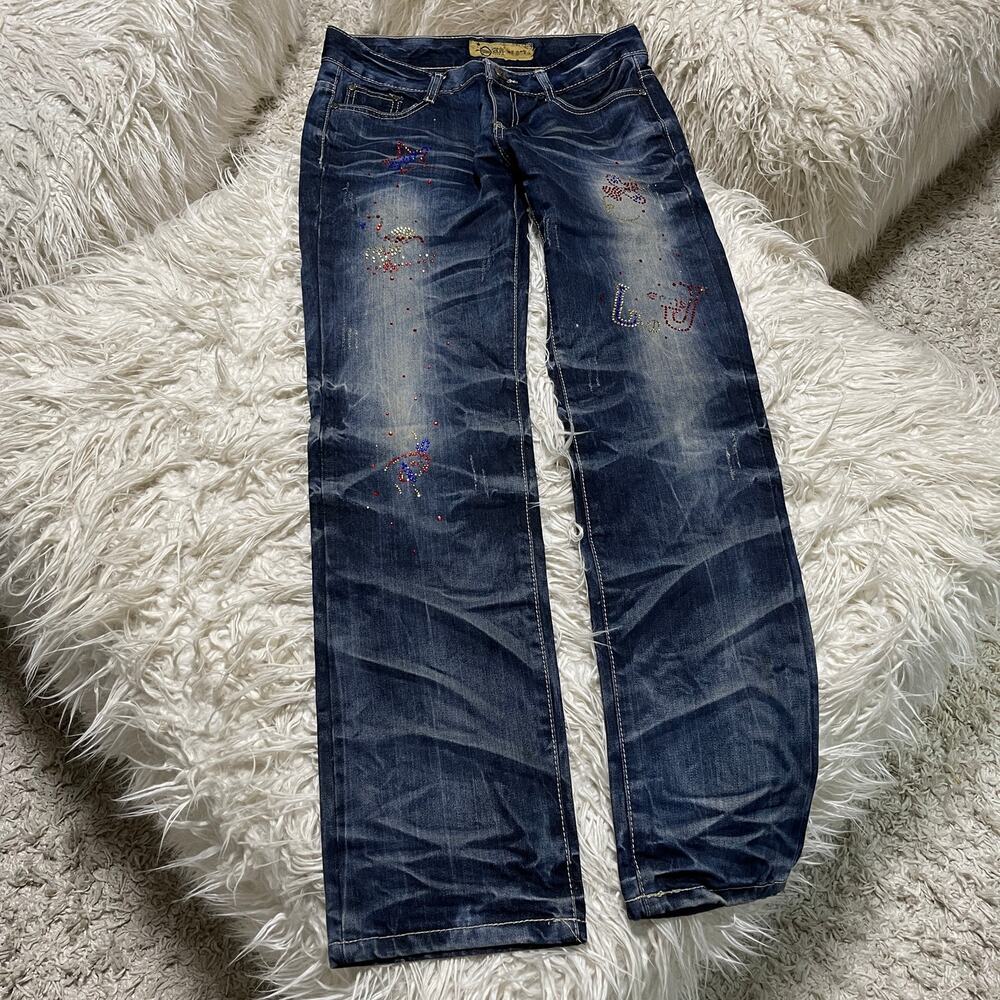 Vintage Rhinestone Japanese Faded Wash Low-rise Denim Jeans Navy Blue size 30x30